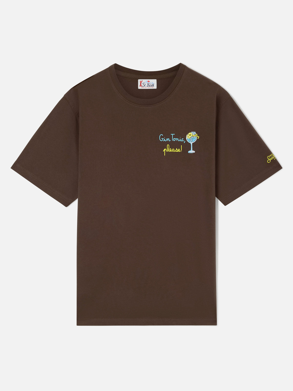 Braunes T-Shirt aus Arnott Baumwolle mit Stickerei Gin Tonic Please 