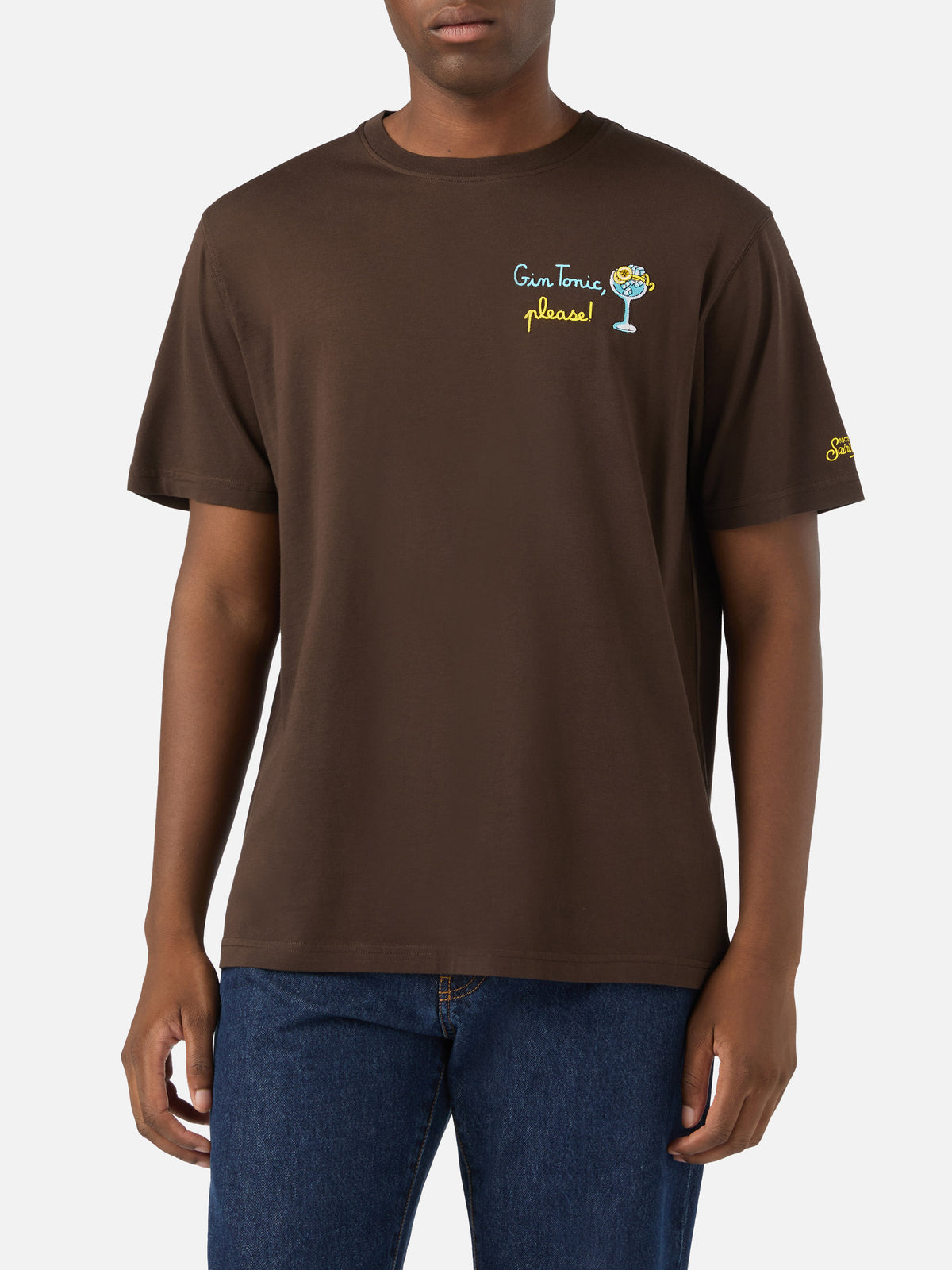 Braunes T-Shirt aus Arnott Baumwolle mit Stickerei Gin Tonic Please 