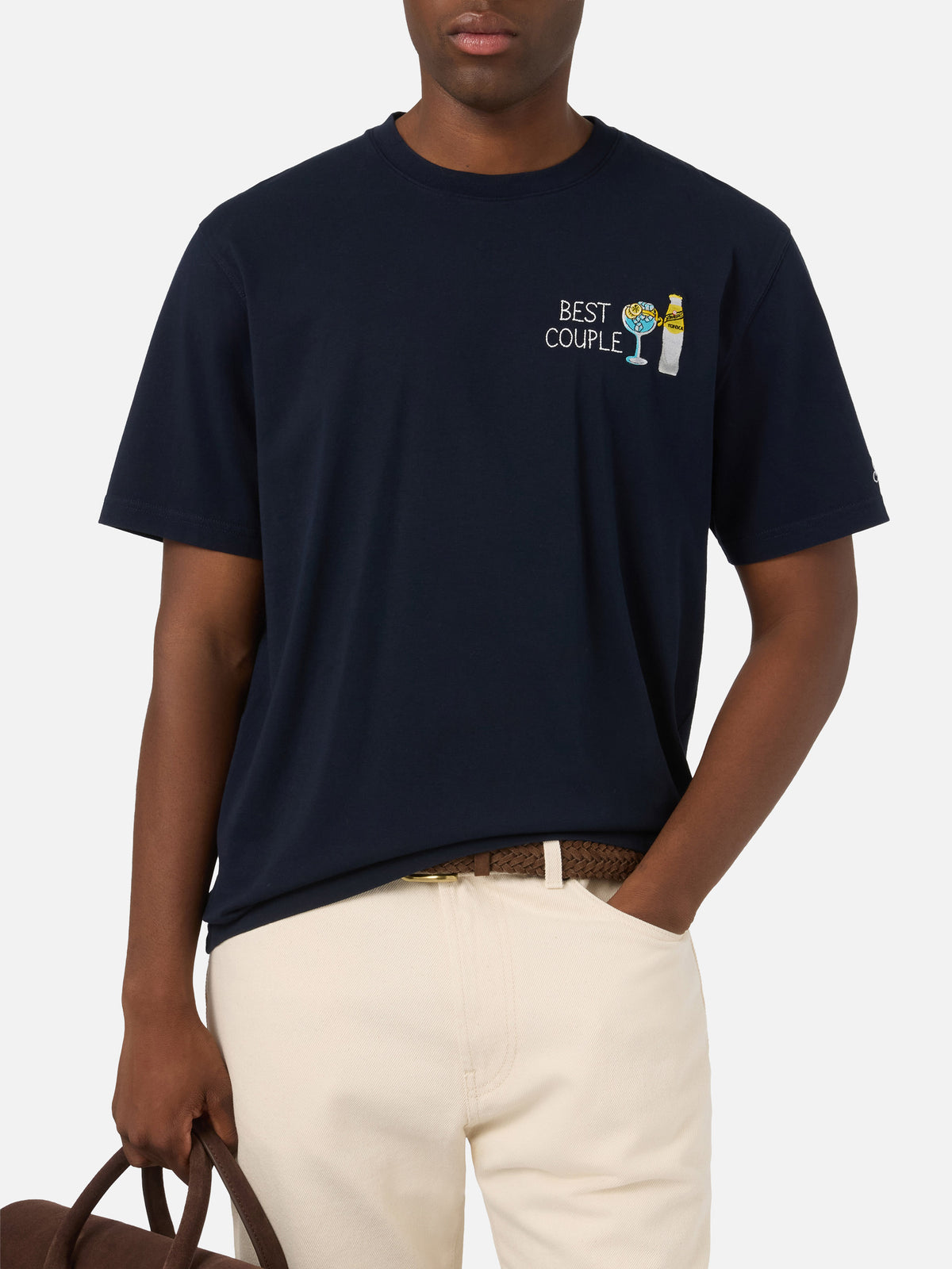 Marineblaues T-Shirt aus blue Arnott Baumwolle mit I Only Need Gin-Stickerei | Special edition 