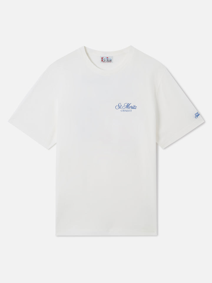 Arnott crewneck t-shirt in white with St. Moritz Chalet print