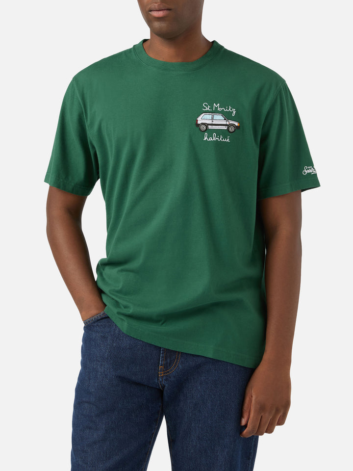 Grünes Arnott T-Shirt aus warmer Baumwolle mit St. Moritz Habitué Stickerei | Special edition 