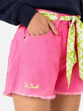 Pink Arizona denim shorts with embroidery and appliqués