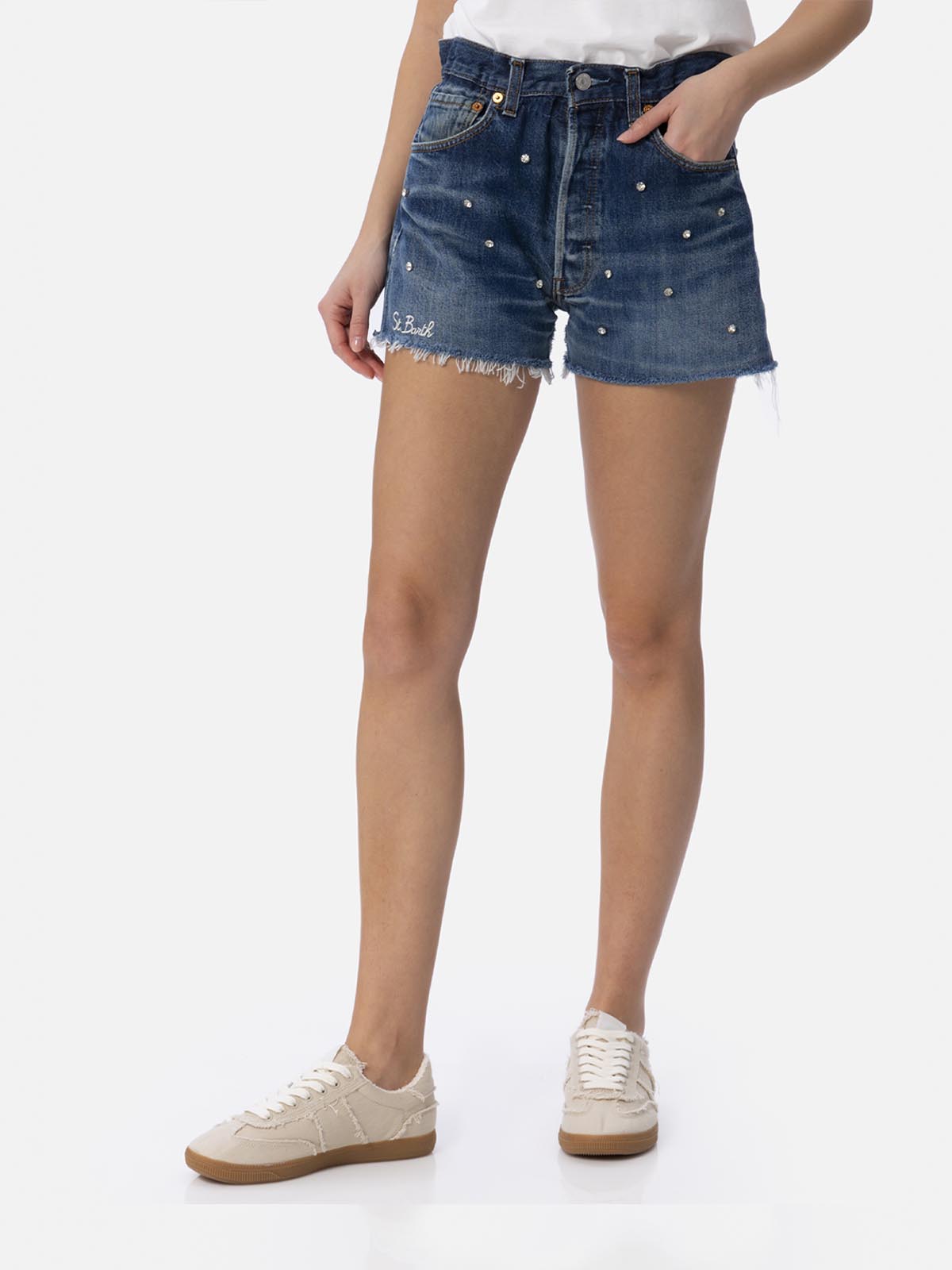 Damen Upcycling Jeansshorts Arizona mit Strasssteinen