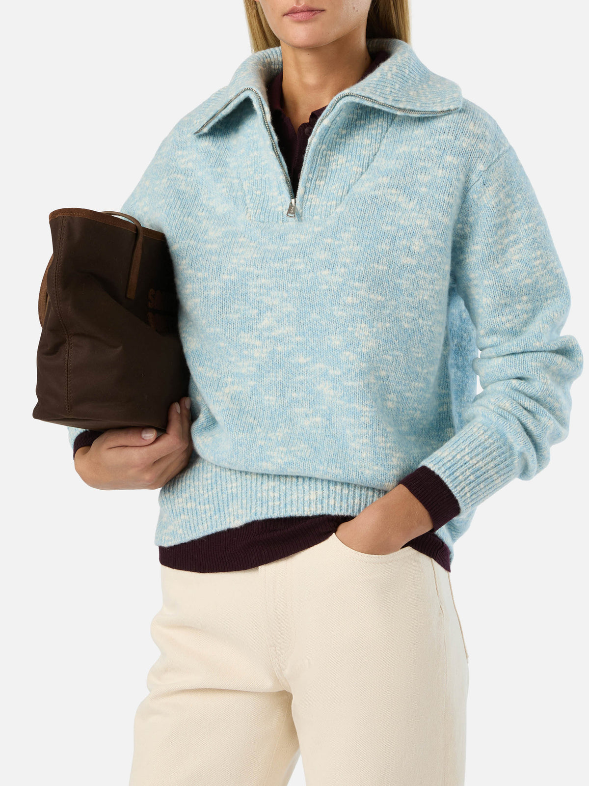 Light blue Augustine wool half-zip knit with logo embroidery