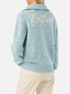 Light blue Augustine wool half-zip knit with logo embroidery