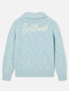 Light blue Augustine wool half-zip knit with logo embroidery