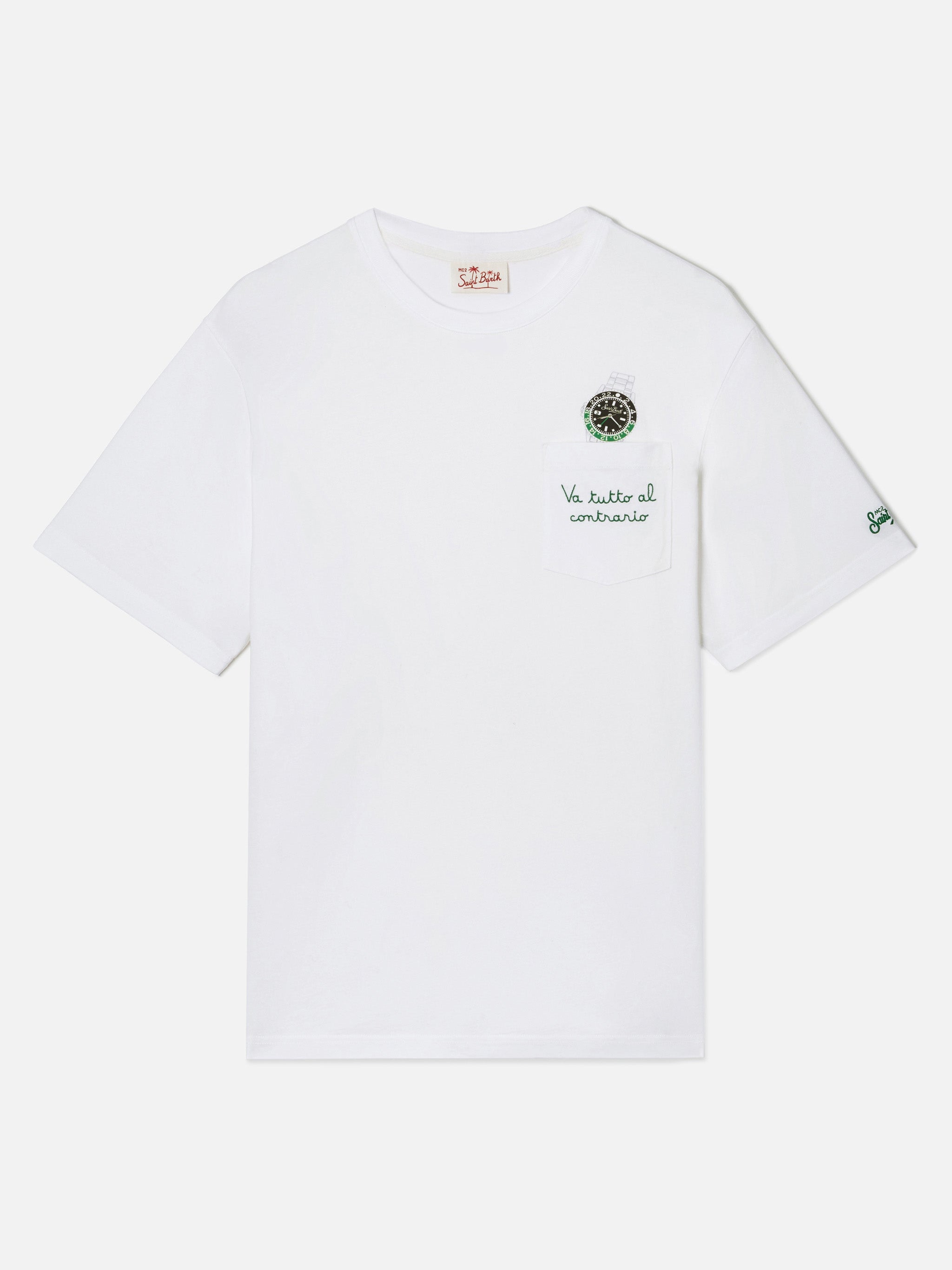 White Austin t-shirt with watch and Va Tutto Al Contrario