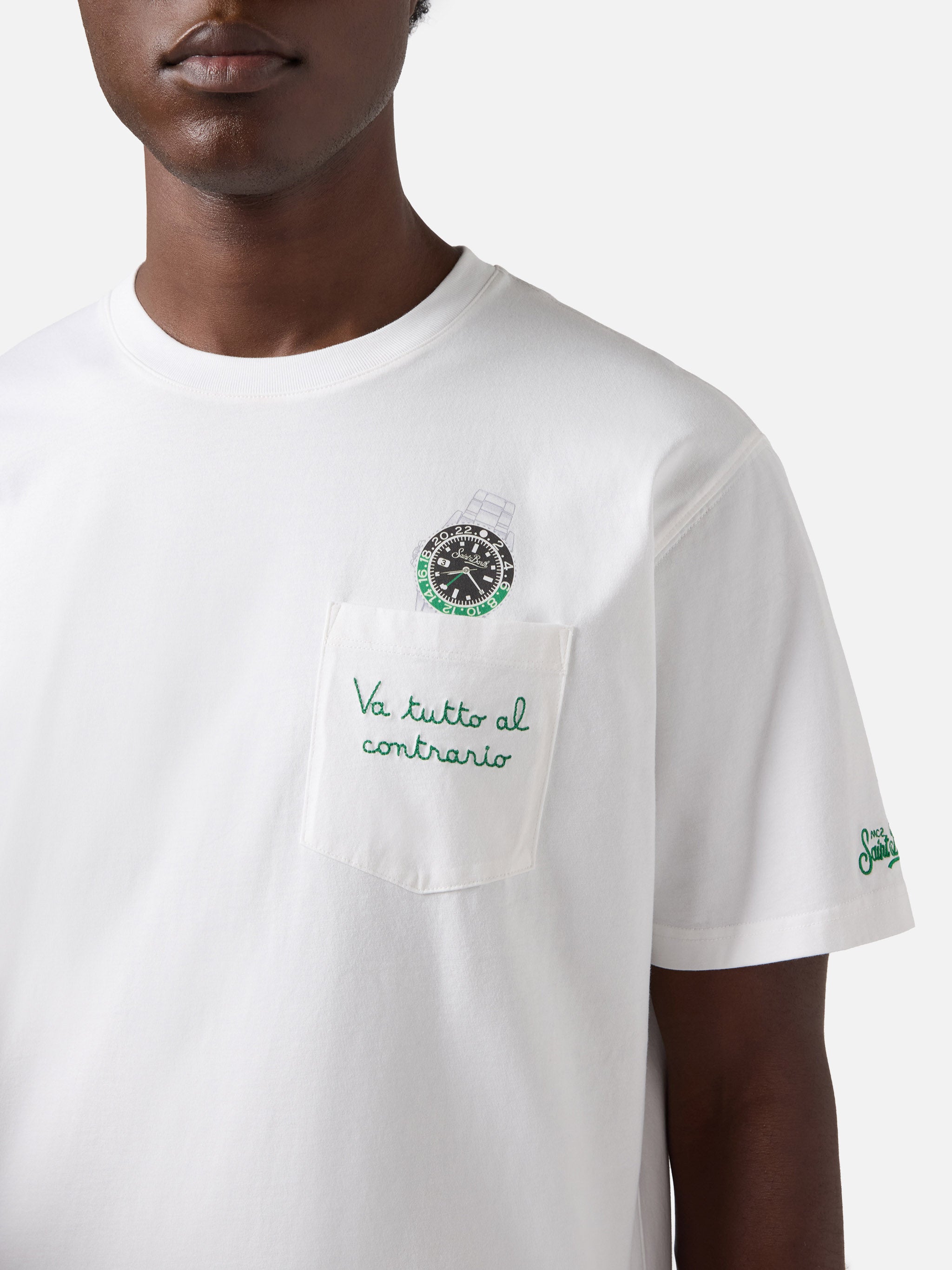 White Austin t-shirt with watch and Va Tutto Al Contrario