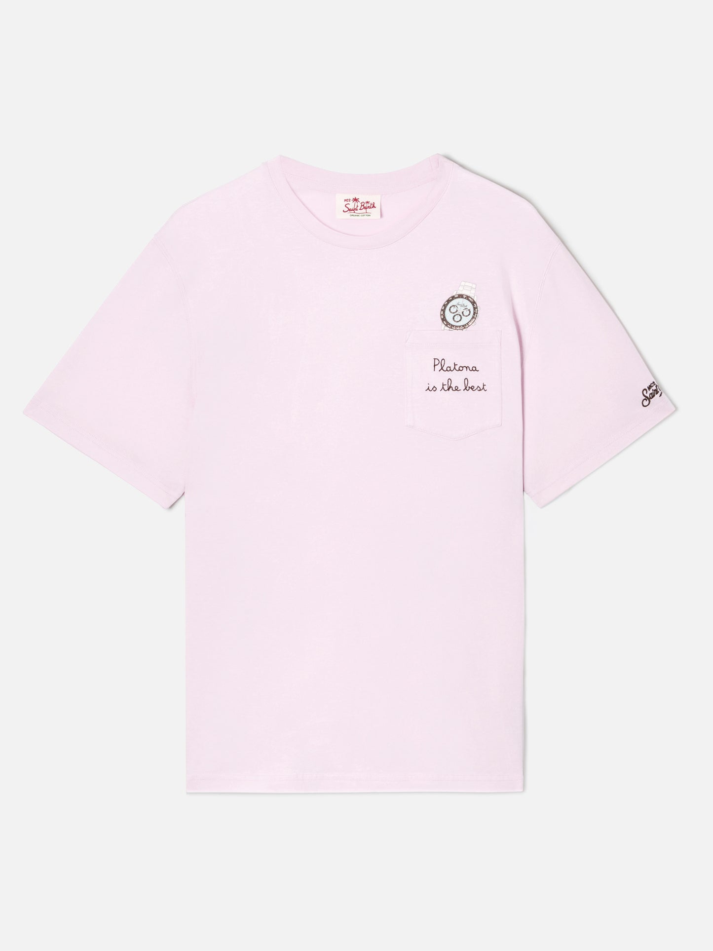 Pink Austin t-shirt with watch and Platona Is The Best embroidery