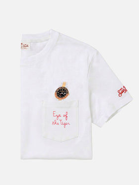 White Austin t-shirt with watch and Eye Of The Tiger embroidery