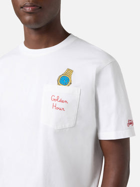 White Austin t-shirt with watch and Golden Hour embroidery