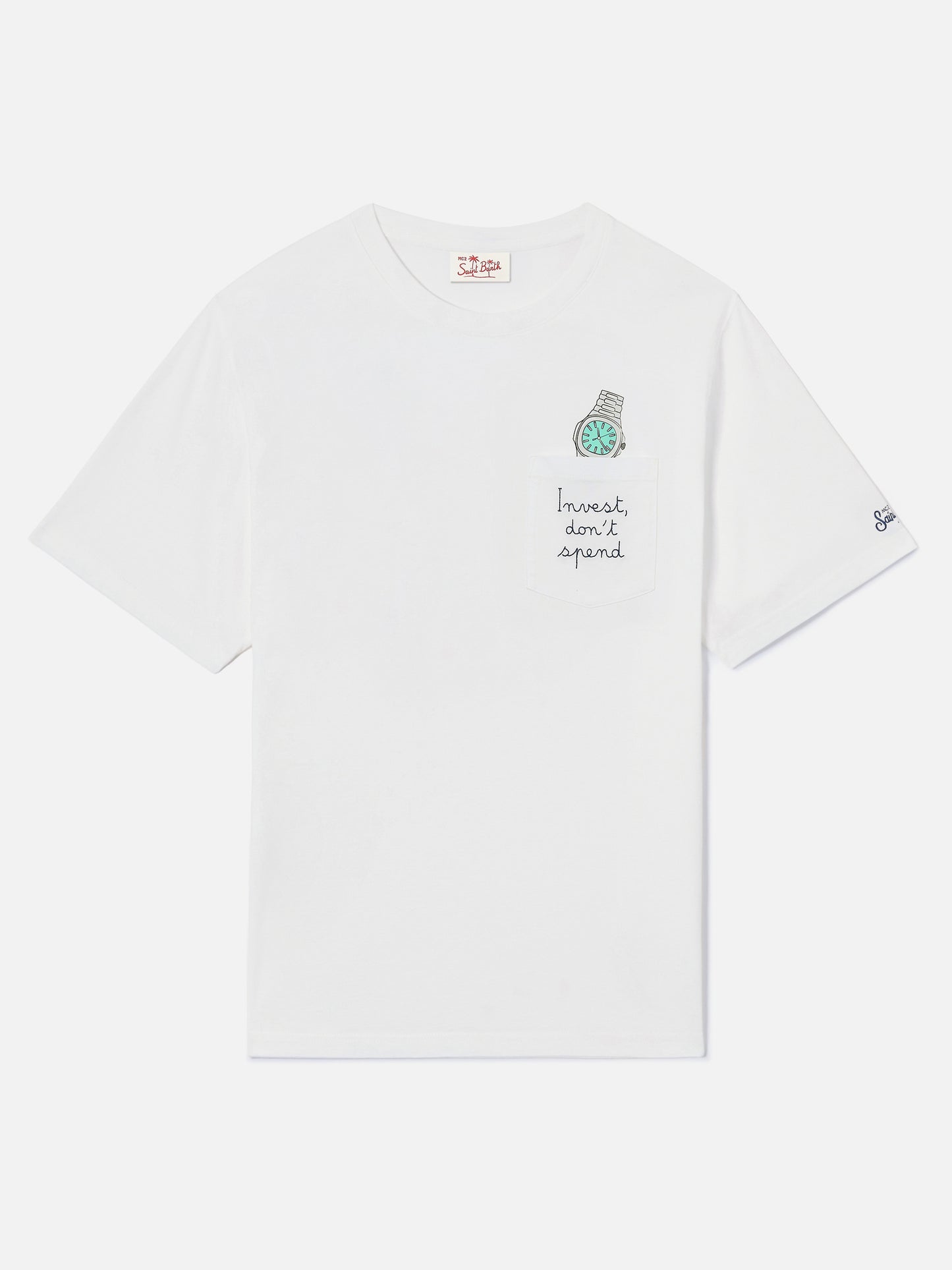 White Austin t-shirt with Invest Don't Spend watch embroidery