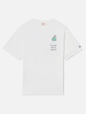 White Austin t-shirt with Invest Don't Spend watch embroidery