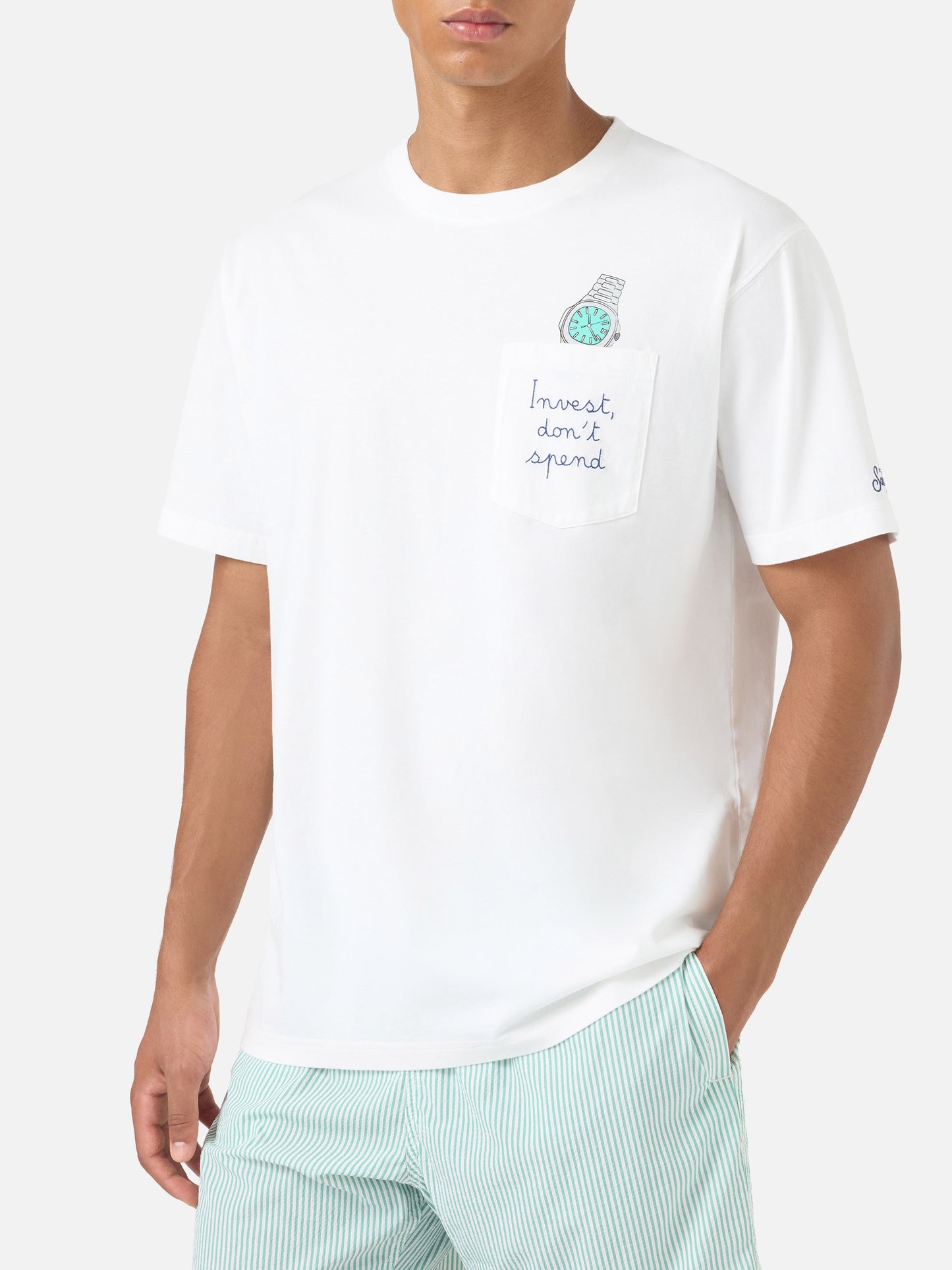 White Austin t-shirt with Invest Don't Spend watch embroidery