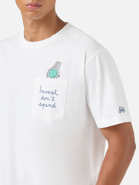White Austin t-shirt with Invest Don't Spend watch embroidery