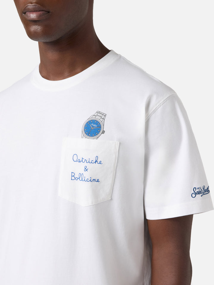 White Austin t-shirt with watch and Ostriche e Bollicine embroidery