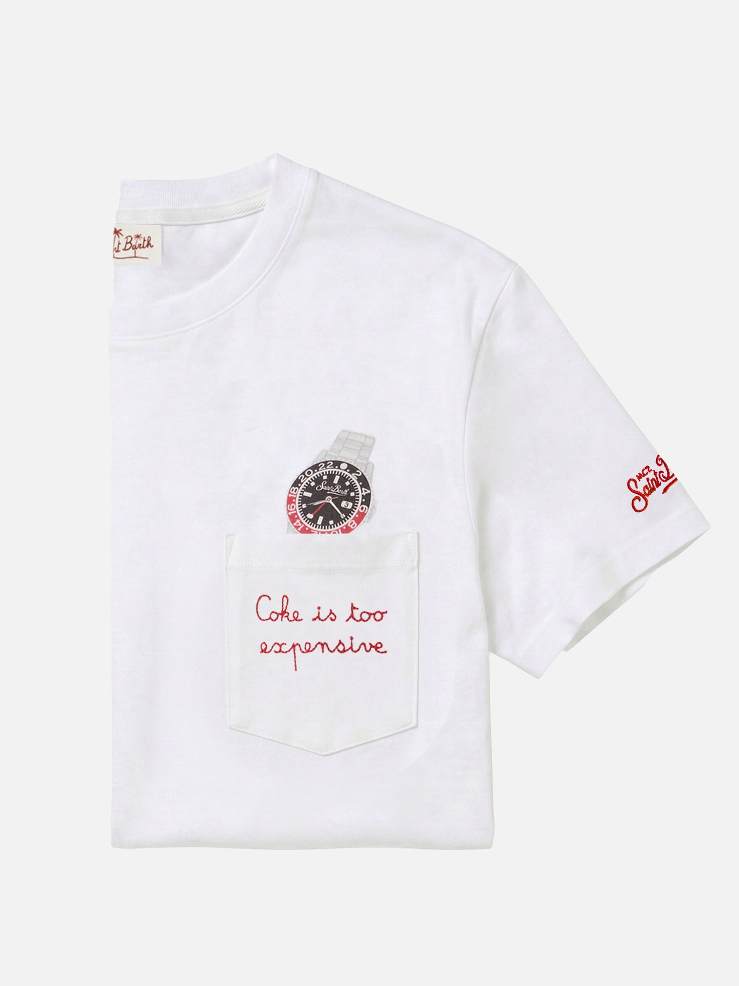 T-shirt Austin bianca con orologio e ricamo Coke Is Too Expensive
