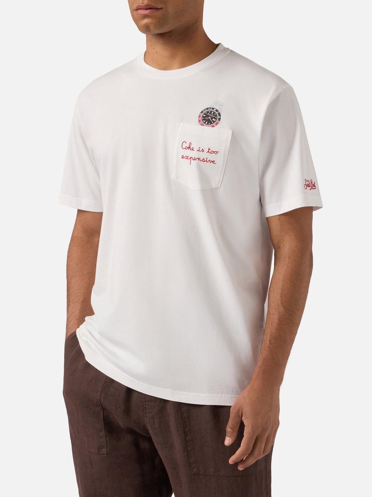 T-shirt Austin bianca con orologio e ricamo Coke Is Too Expensive