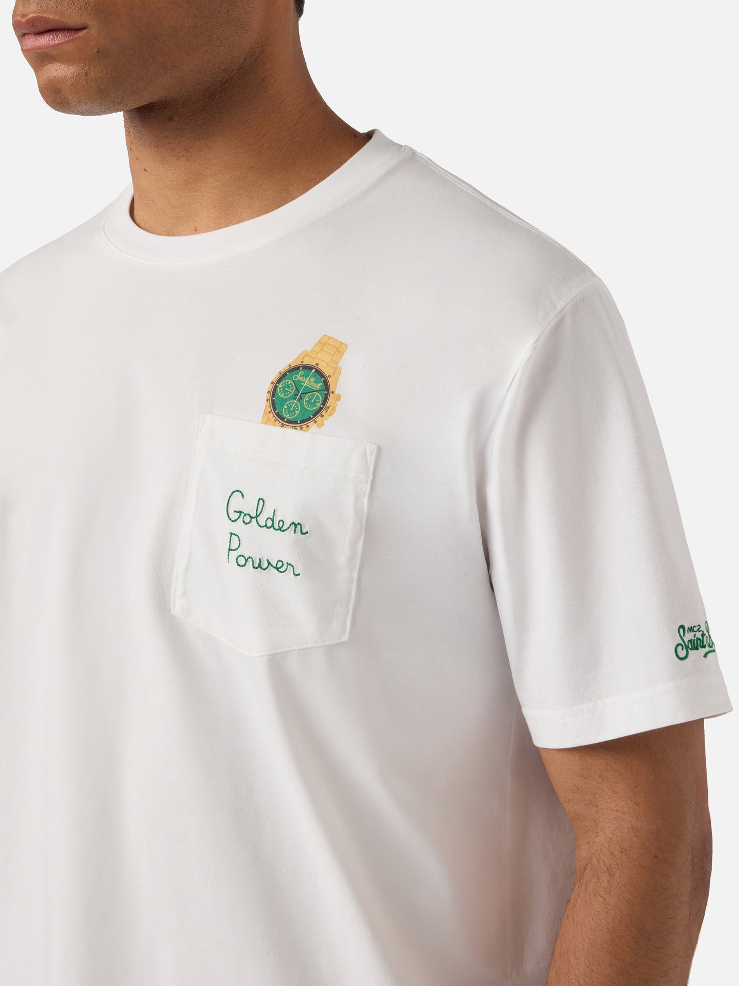 Camiseta Austin blanca con reloj y bordado Golden Power 