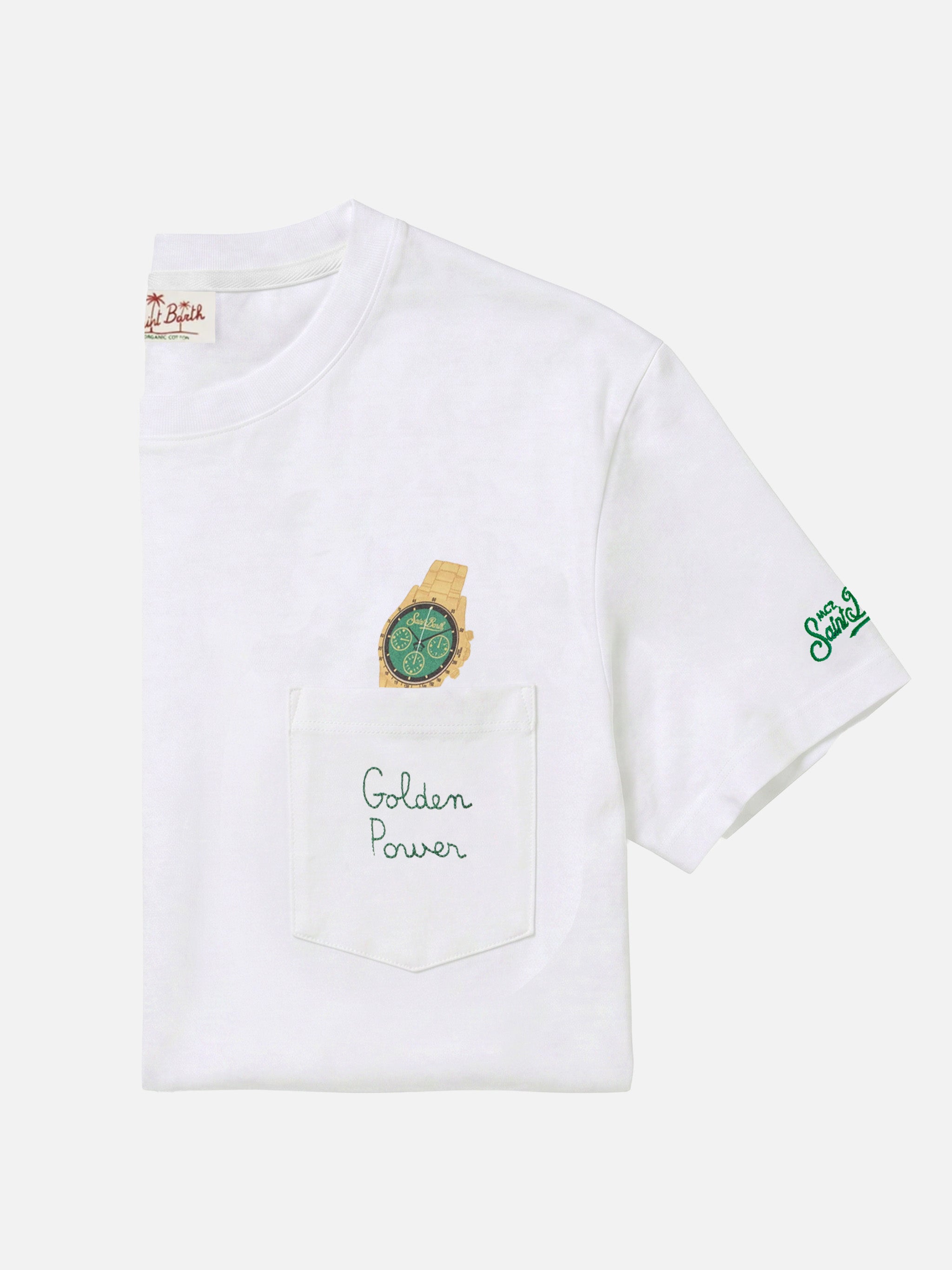 【新品未使用】DETAIL PONTE T-SHIRT (WHITE) White Austin t-shirt with watch and Golden Power embroidery – MC2