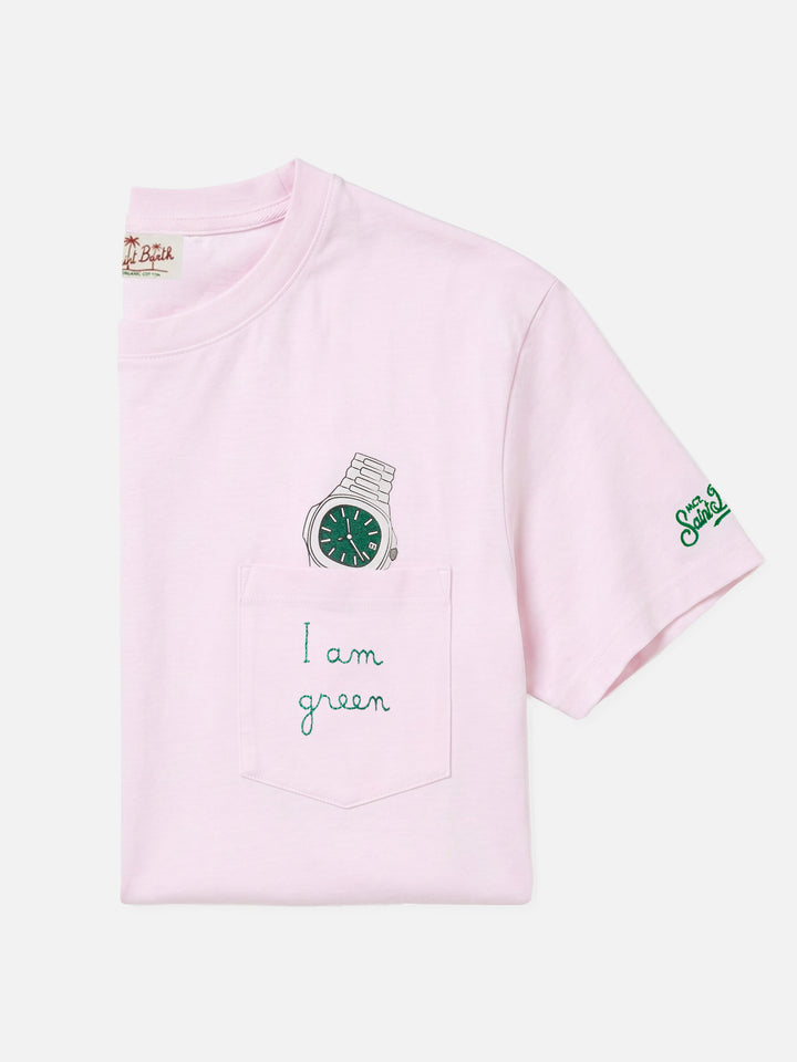 T-shirt Austin rosa con orologio e ricamo I Am Green