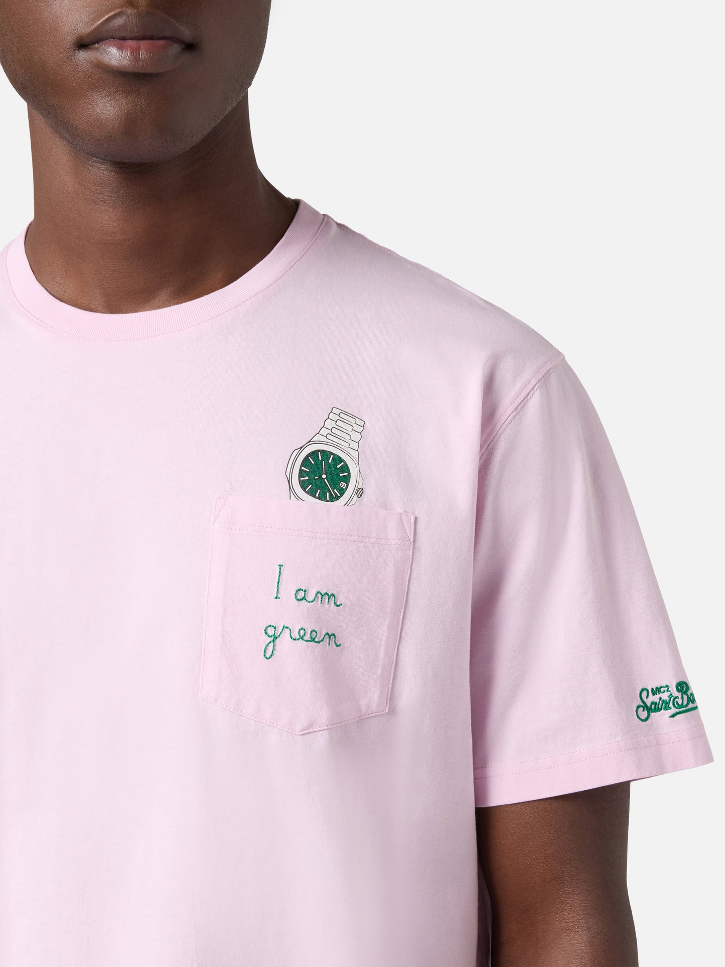 Pink Austin t-shirt with watch and I Am Green embroidery