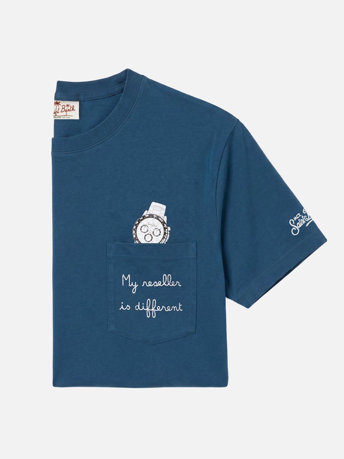 Blue Austin t-shirt with watch and My Reseller Is Different embroidery