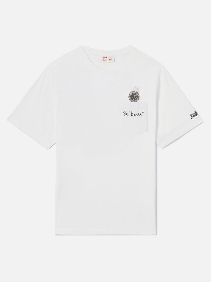 White Austin t-shirt with watch and St. Bart embroidery