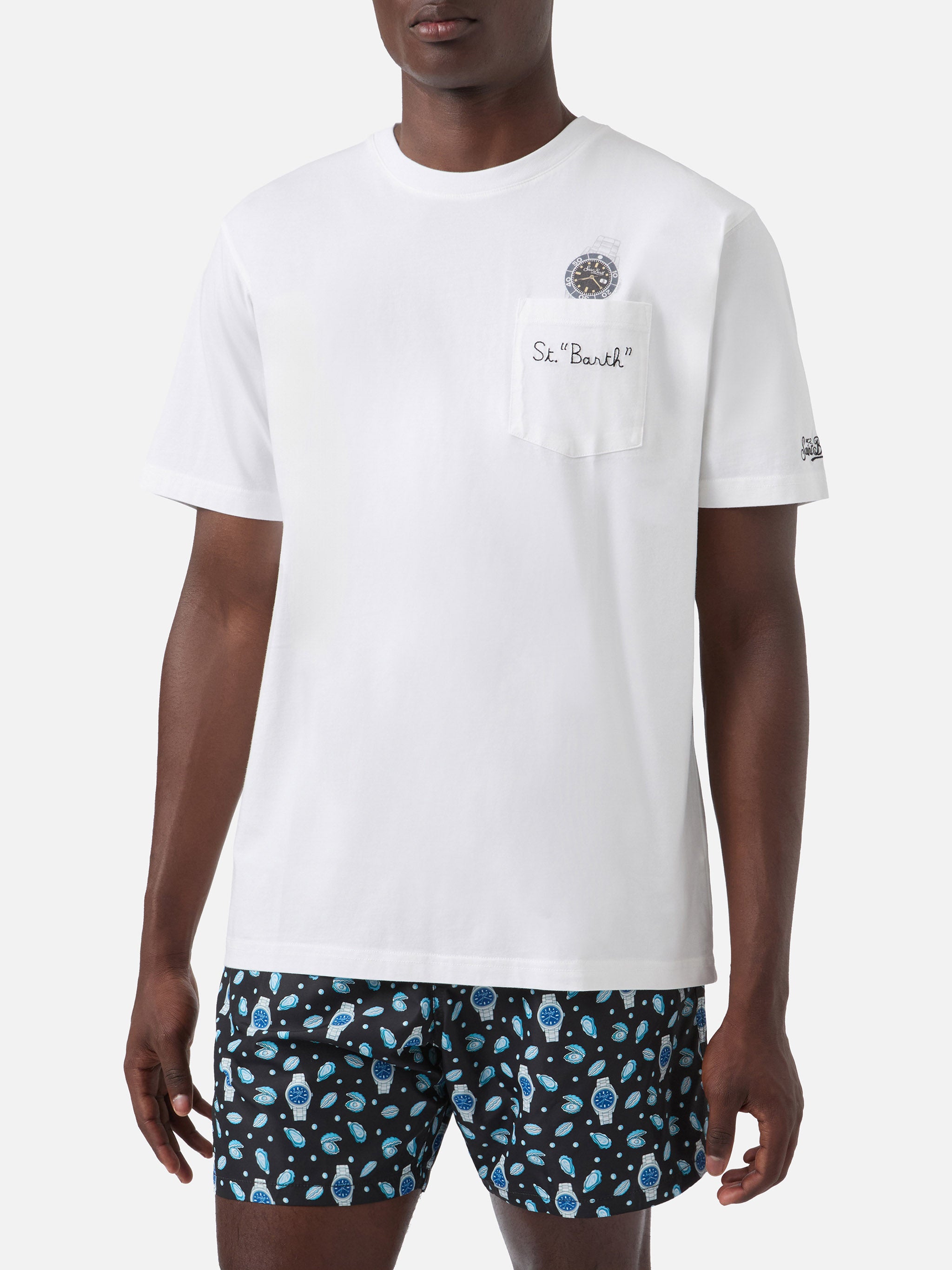 White Austin t-shirt with watch and St. Bart embroidery – MC2