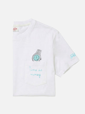 Weißes Austin T-Shirt mit Uhr und „Time Is Money“-Stickerei 