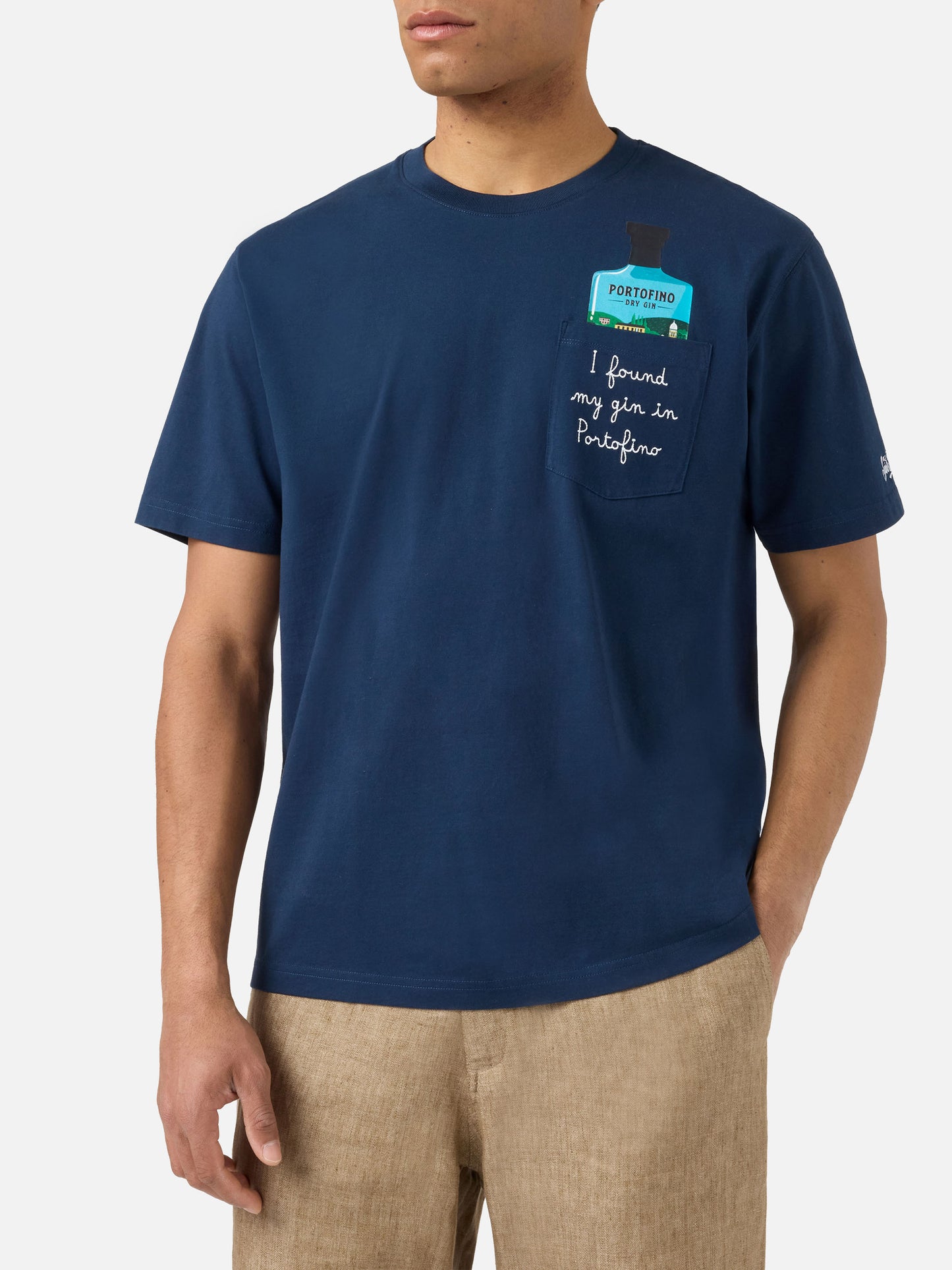 T-shirt Austin blu con ricamo I Found My Gin In Portofino | Special Edition