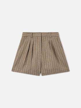Beige Aya wool blend flannel shorts with pinstripes