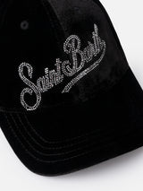 Cappellino da baseball in velluto nero con logo in strass