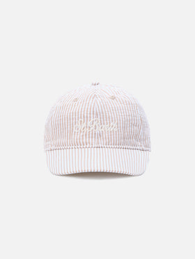 Baseball cap with visor in cotton seersucker with beige and white stripes
