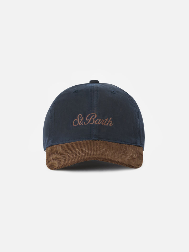 Marineblaue Kappe aus gewachstem Cord in blue Baseball mit Logostickerei 