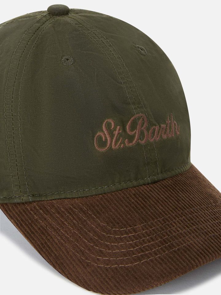 Cappello Baseball verde militare in velluto a coste cerato con ricamo logo