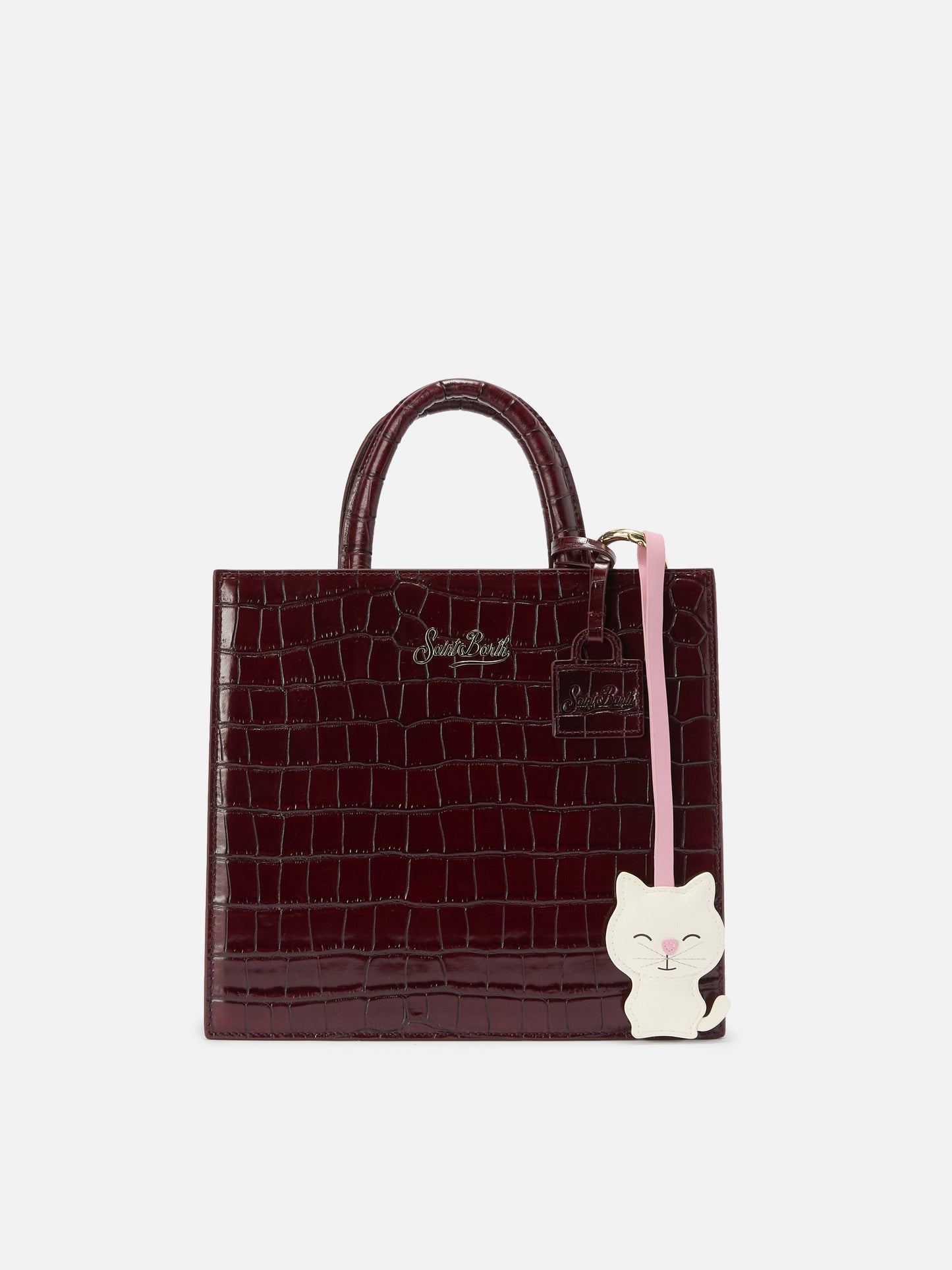 Bag charm a forma di gatto in pelle liscia con targhetta logo