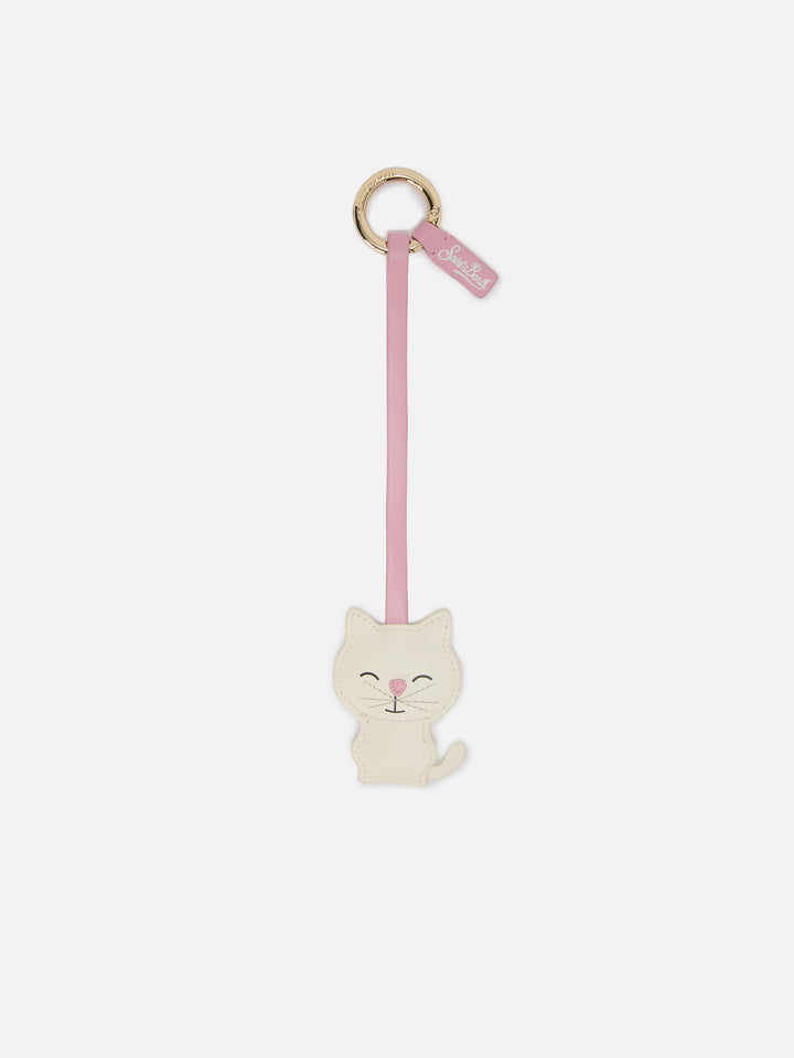 Cat-shaped smooth leather bag charm with logo tag