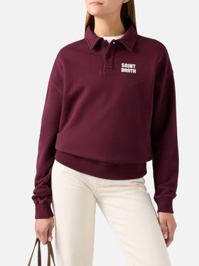 Polo Berenice bordeaux in cotone con stampa Saint Barth in flock