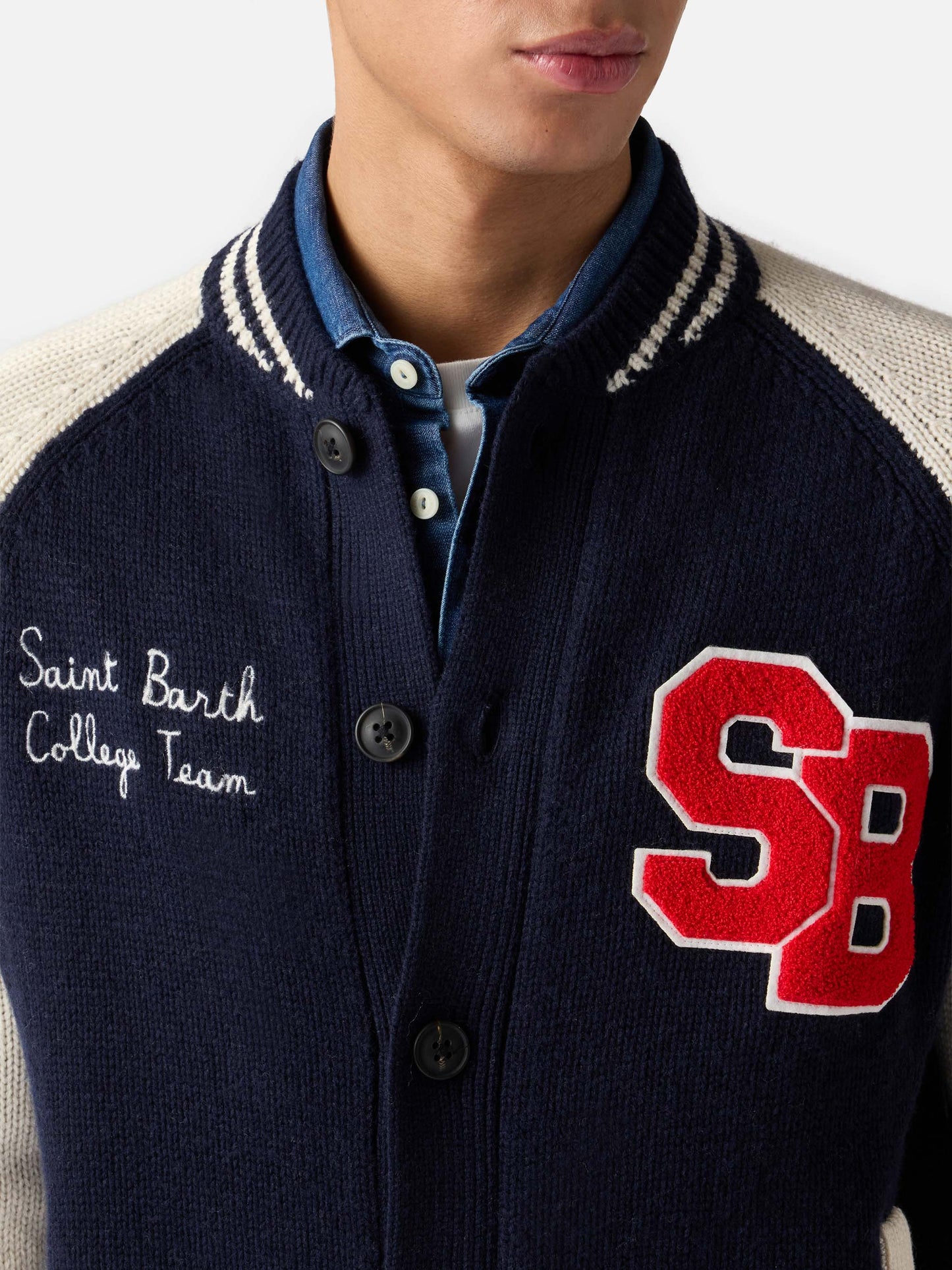 Navy blue knit bomber college style Benjamin