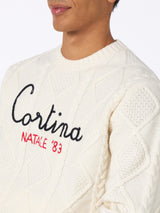 Man cable knit blend cashmere sweater Bergen with Cortina Natale '83 embroidery | VACANZE DI NATALE SPECIAL EDITION