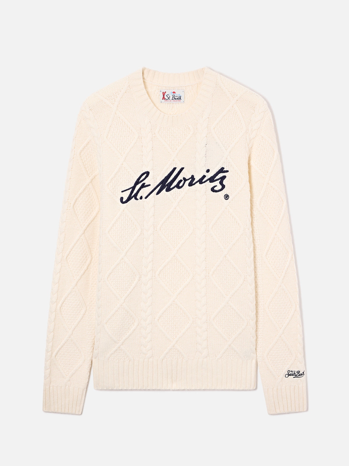 Pull à col rond en maille torsadée Cream avec broderie Bergen | Special edition 