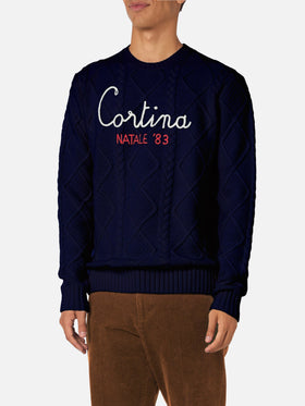 Blue crewneck sweater Bergen Tricot with Cortina Natale '83 embroidery