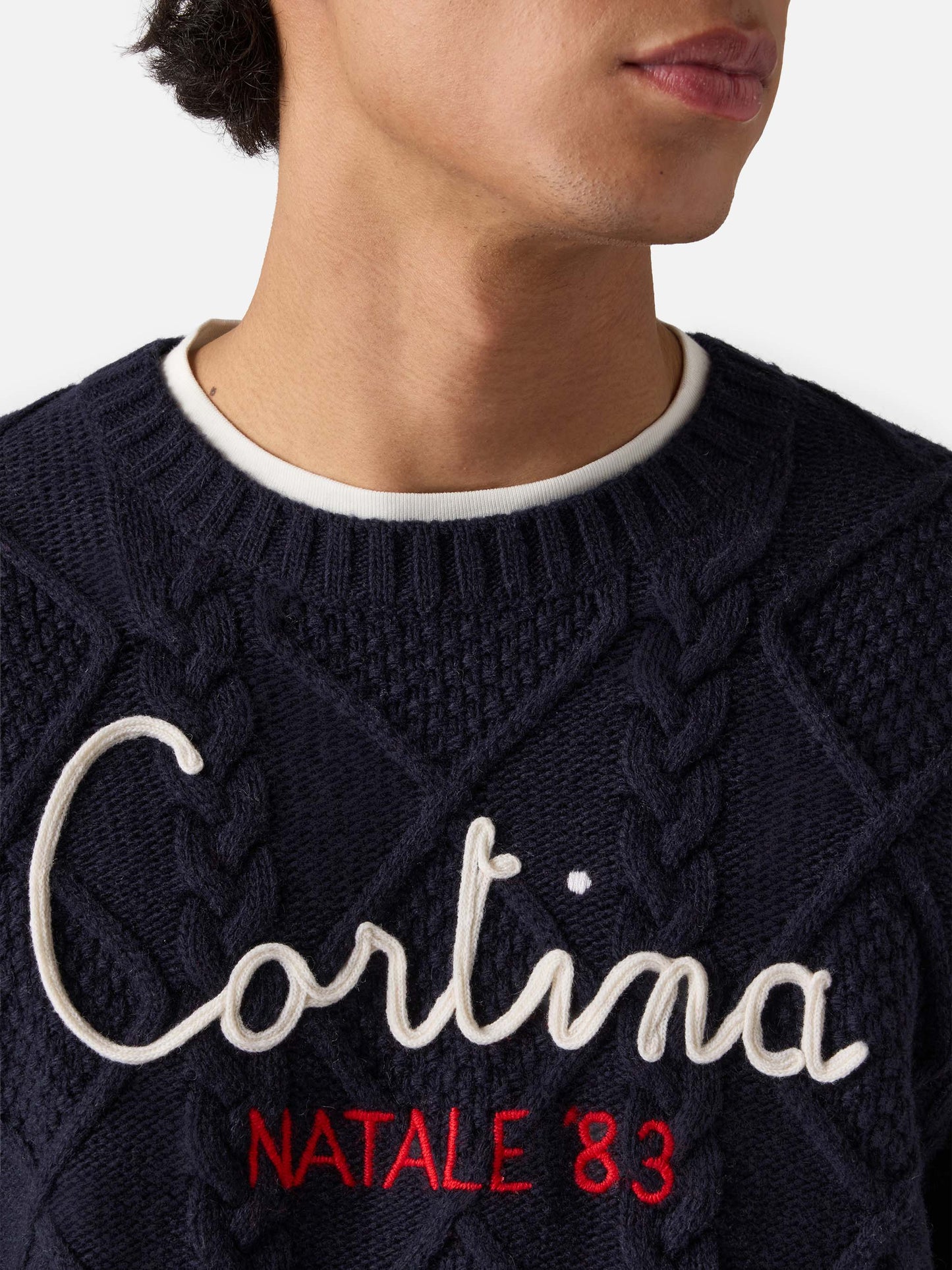 Blue crewneck sweater Bergen Tricot with Cortina Natale '83 embroidery