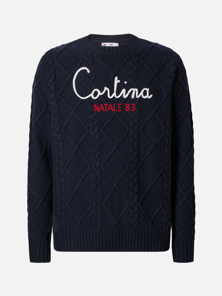 Maglione blu a girocollo Bergen Tricot con ricamo Cortina Natale '83