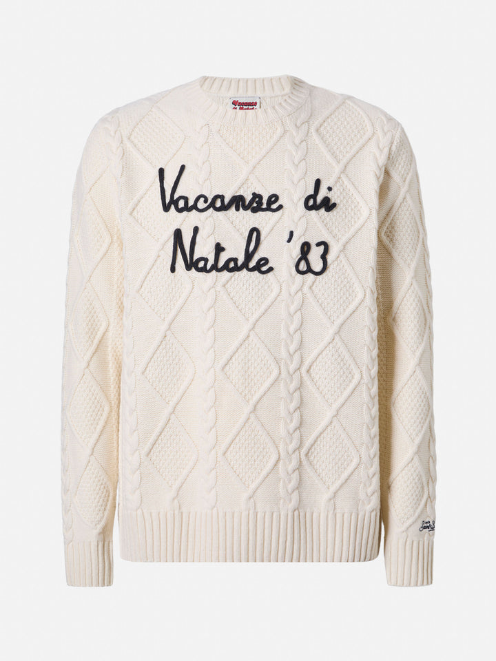 White crewneck sweater Bergen Tricot with Vacanze di Natale '83 embroidery