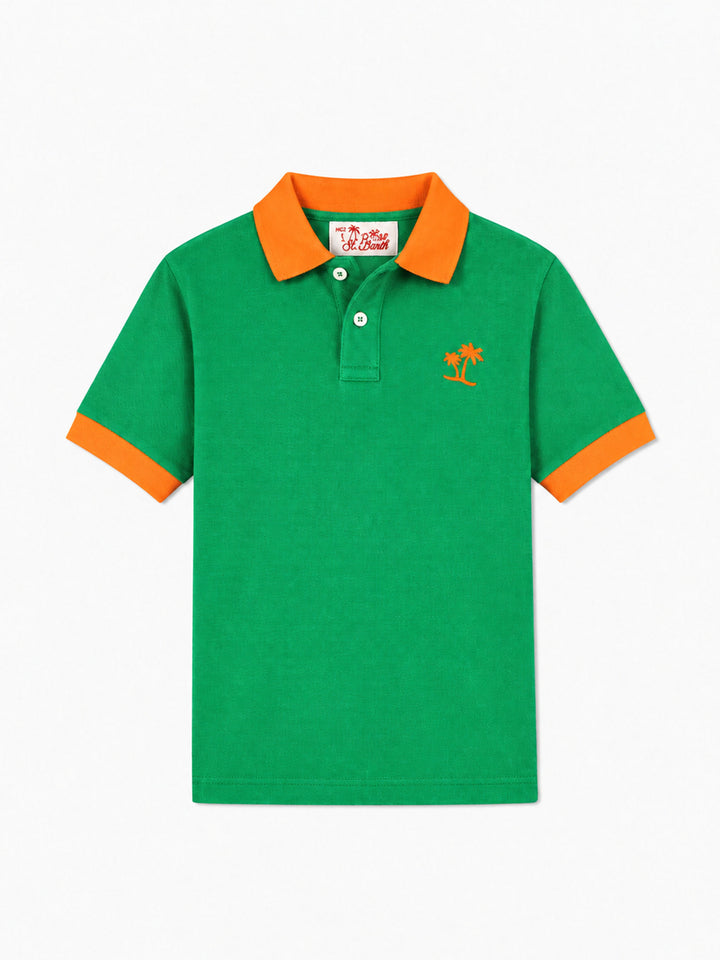 Grünes Piqué-Poloshirt für Jungen mit orangefarbenem St. Barth-Logo 