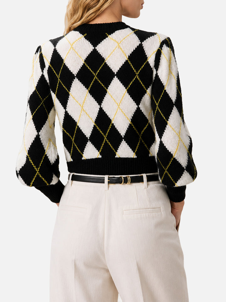 Weißer und grauer Bloom Soft Pullover mit Argyle-Muster 