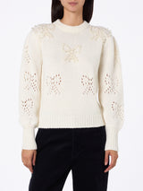 Woman white sweater Bloom with pearl-like beads