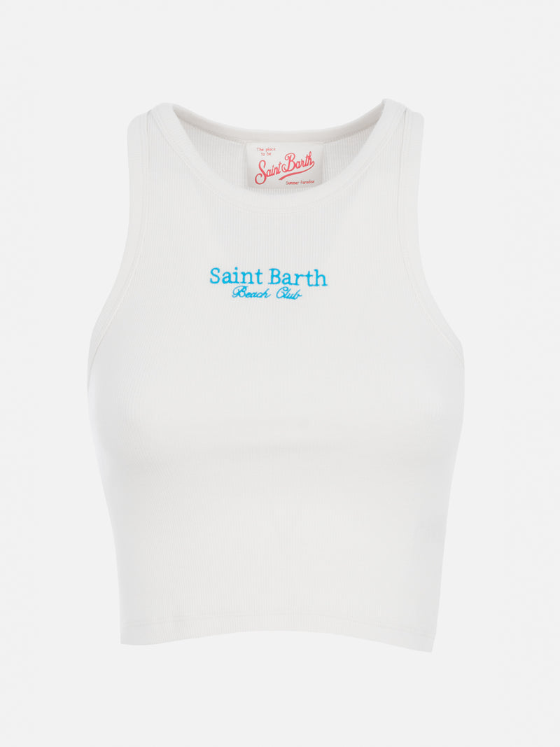 Woman rib-knit cotton crop tank with Saint Barth Beach Club embroidery